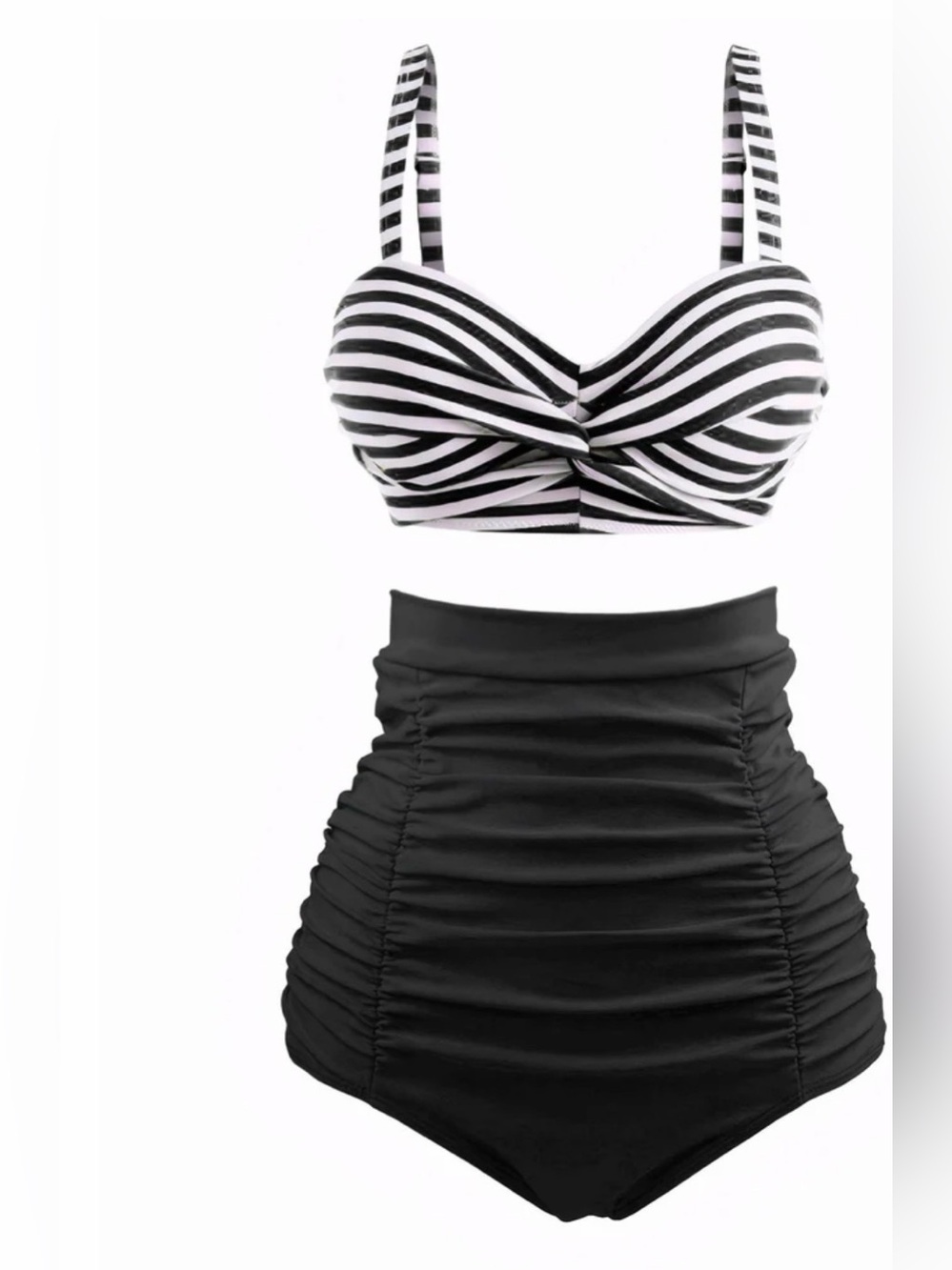 High-Waist Black Ruched Bikini Bottom with Black & White Striped Top